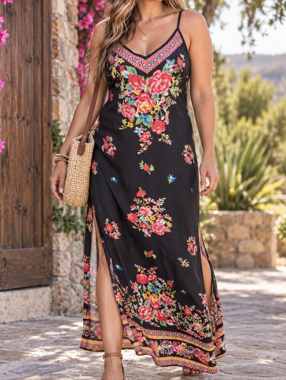 Flying Tomato Black Floral Boho Maxi Dress Multicolor Border Stretch